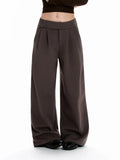 Brown retro-style wide-leg pants with a turn-up waist design
