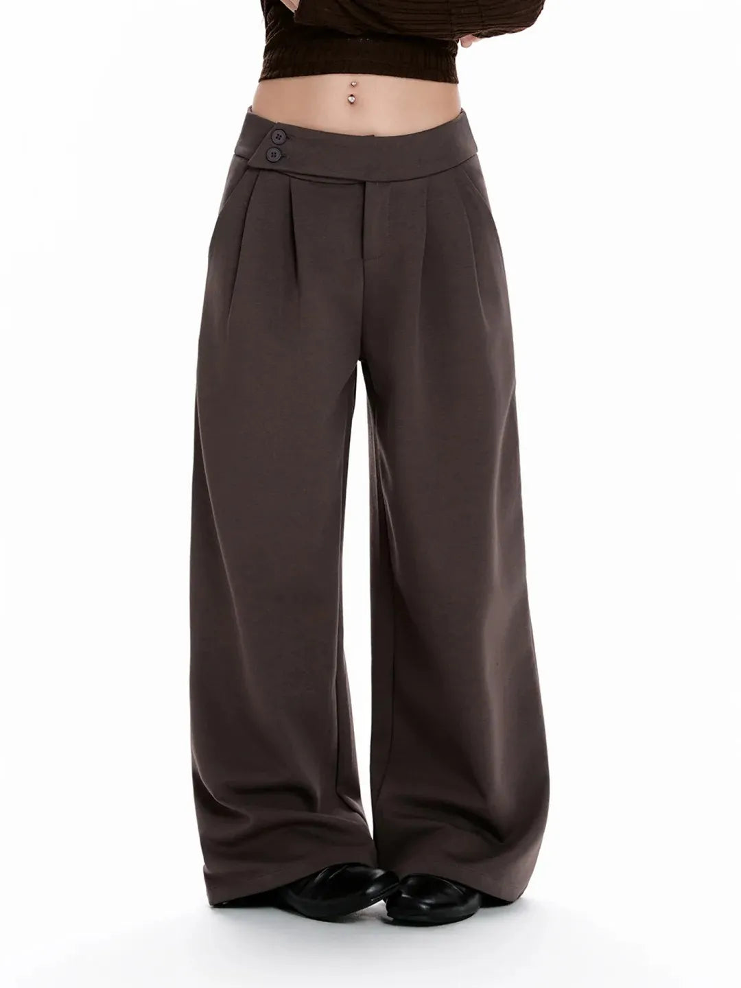 Brown retro-style wide-leg pants with a turn-up waist design