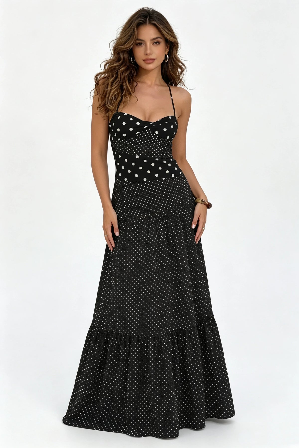 French-style vintage pale yellow polka-dot camisole maxi dress for vacation