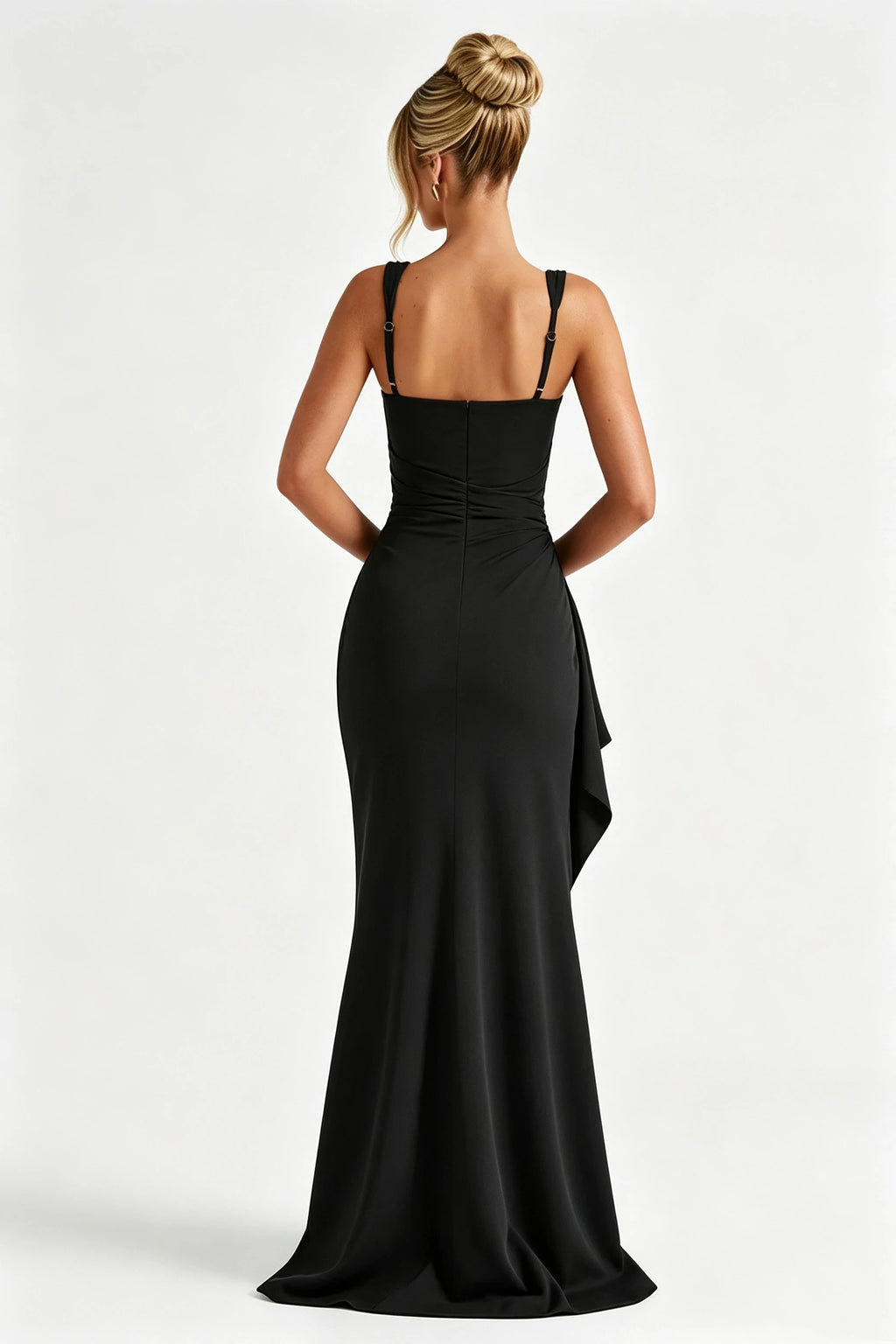 Minimalist black square-neck slim-fit maxi dress with a high slit