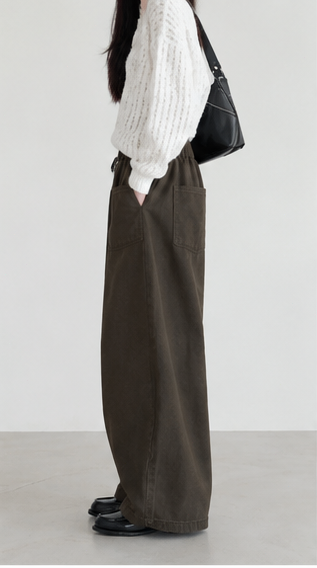 Dark brown cargo pants with elastic waistband