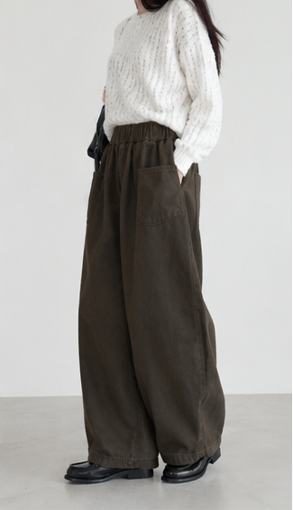 Dark brown cargo pants with elastic waistband