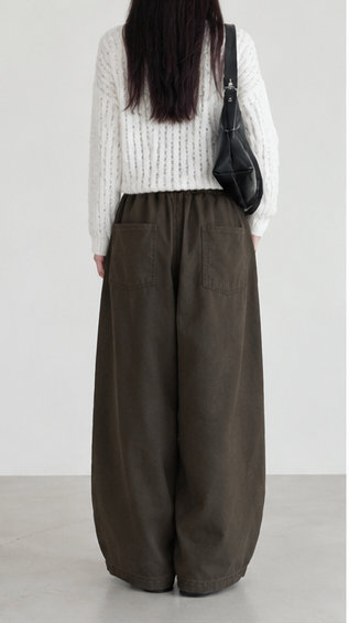 Dark brown cargo pants with elastic waistband