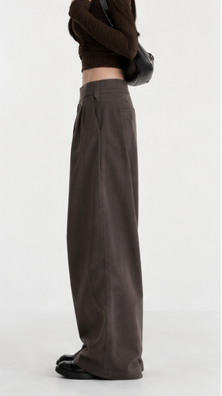 Brown retro-style wide-leg pants with a turn-up waist design