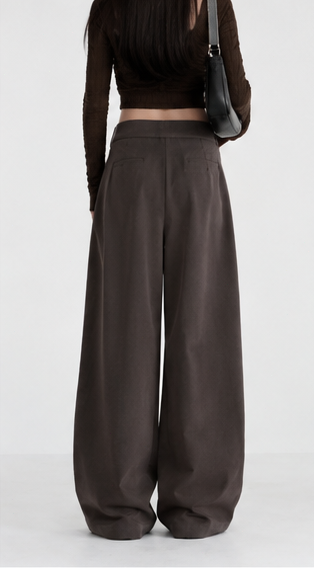 Brown retro-style wide-leg pants with a turn-up waist design