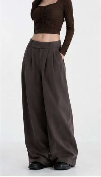 Brown retro-style wide-leg pants with a turn-up waist design