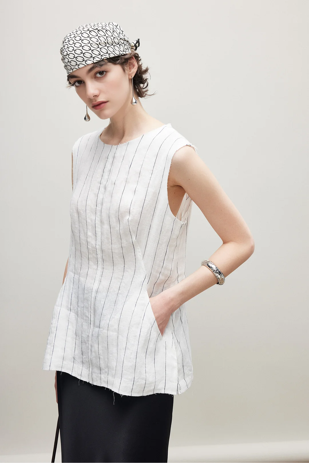 Linen Striped A-Line Top with Pocket