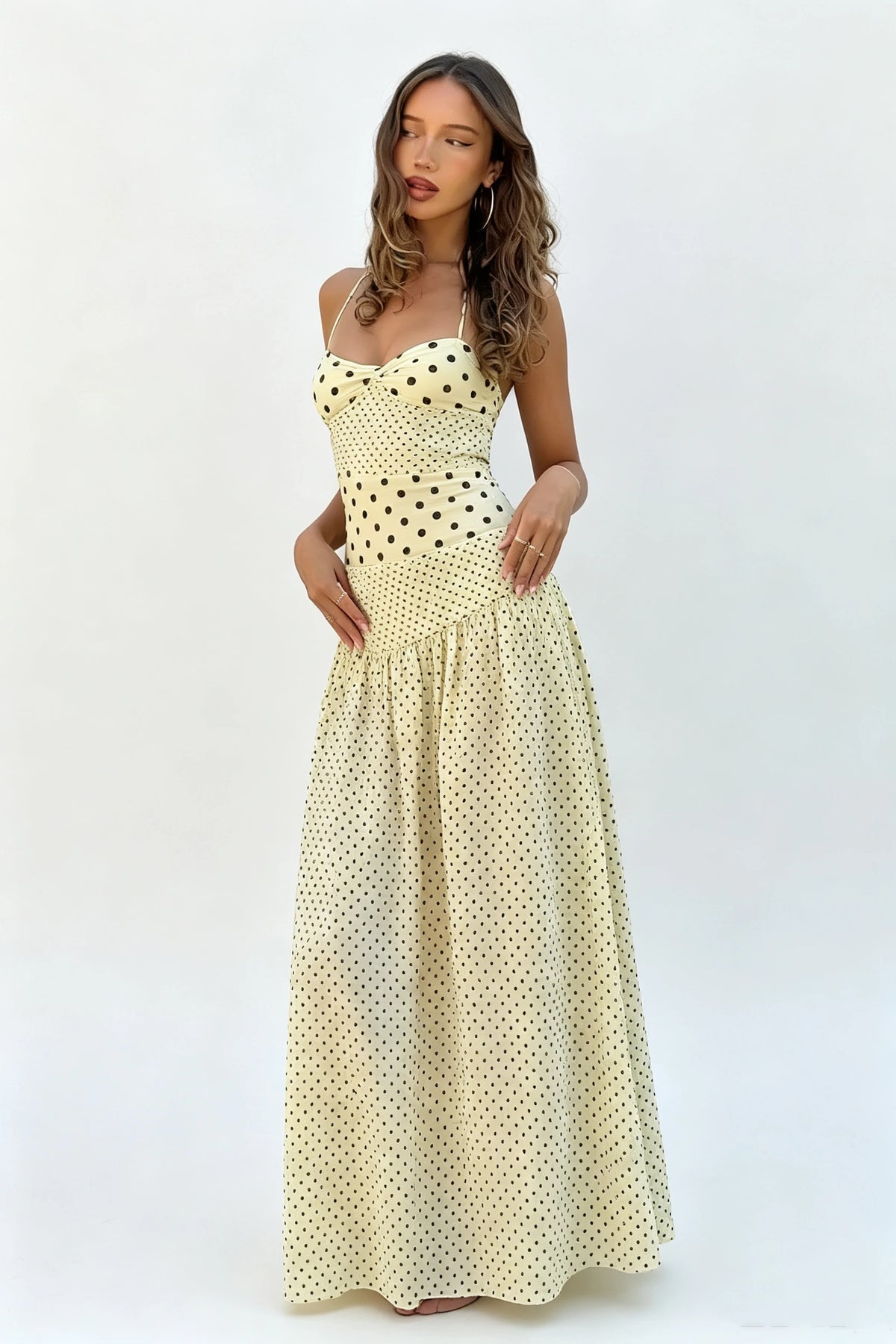 French-style vintage pale yellow polka-dot camisole maxi dress for vacation