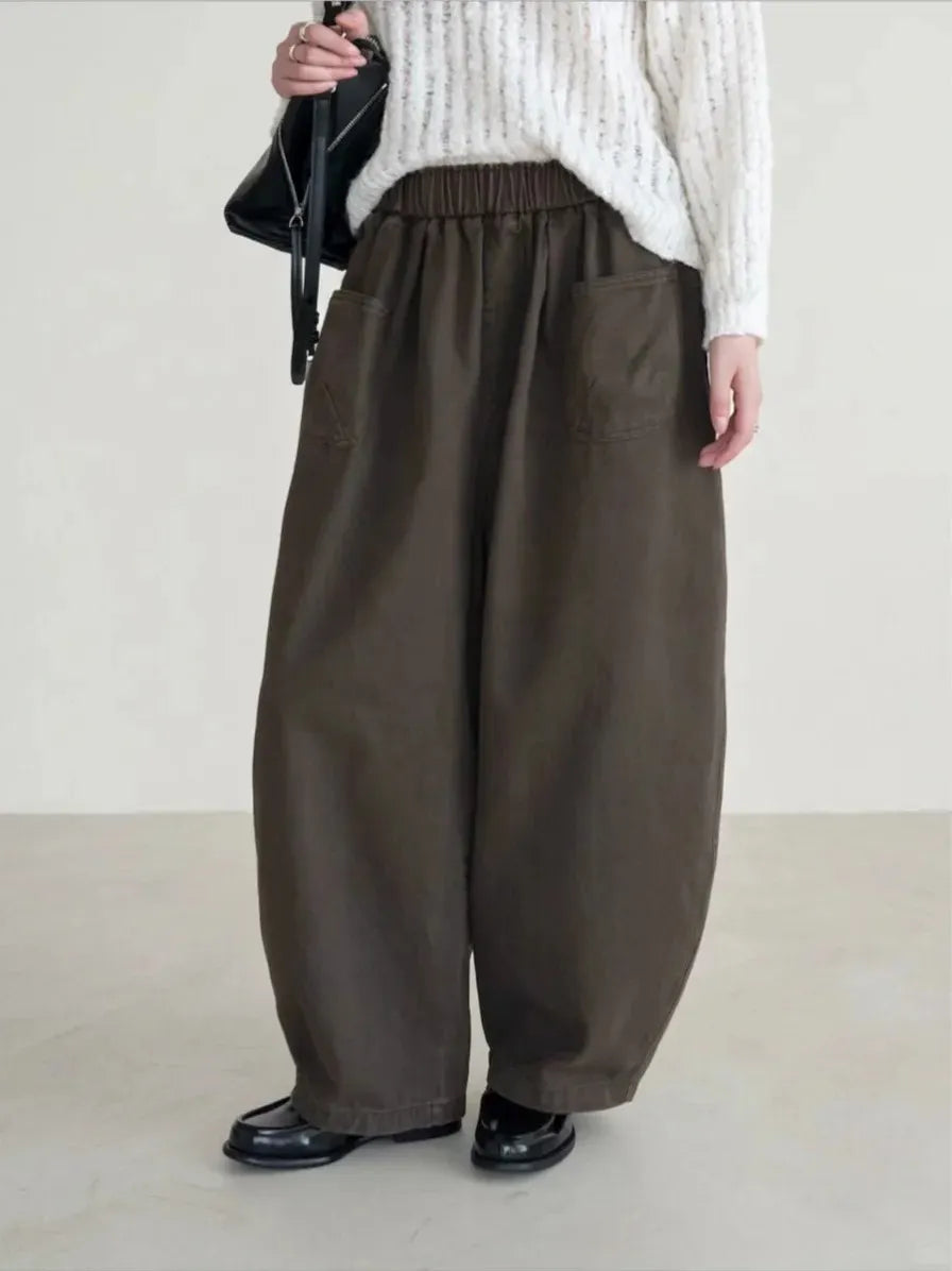 Dark brown cargo pants with elastic waistband